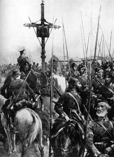 第一次世界大战，1914年，英国军队穿过西班牙加利西亚的村庄 作者 不明