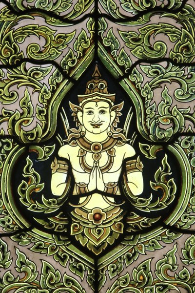 佛。 彩色玻璃窗户。 大理石庙。 Wat Benchamabophit Dusitvanaram Ratchaworawiharn。 1899. 曼谷。 泰国 作者 不明