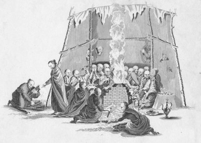 燃烧喇嘛的尸体，c1802。 作者 不明