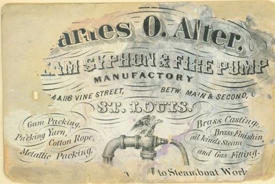James O. Alter的名片，圣路易斯的蒸汽虹吸器和消防泵制造商，约1870年。 作者 不明