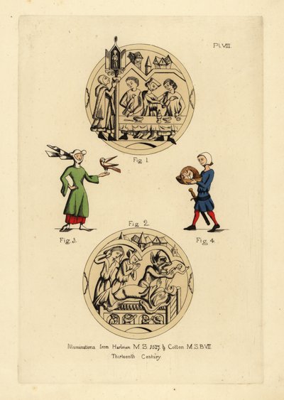 Carouse with men in cyclas admonished by a man in a legal coiff and capuchon 1, deathbed scene with the Devil taking the soul of a man 2, woman in wimple and horned hat with cointose scarf and bird 3, executioner of John the Baptist with his head on a plat 作者 不明