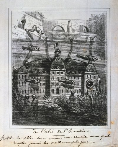 1871年巴黎公社在水下重建Hotel de Ville的卡通提议。 作者 不明