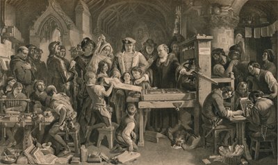 卡克斯顿（Caxton）在威斯敏斯特向爱德华四世国王（King Edward Edward IV）展示他的第一幅印刷作品，c1477年1905年 作者 Unbekannt