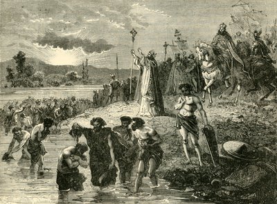 查理曼大帝使撒克逊人在782AD的威悉（Weser）受洗。 1890年。 作者 不明