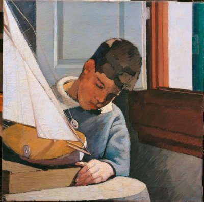 Child young boy son of the painter sitting at a table playing with a boat classical synthesis chromatic balance brush strokes full of light 作者 不明