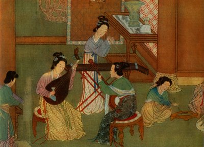 中国琵琶琵琶，月亮吉他月琴和桌上古筝琴，丝绸上油画的细节 作者 不明