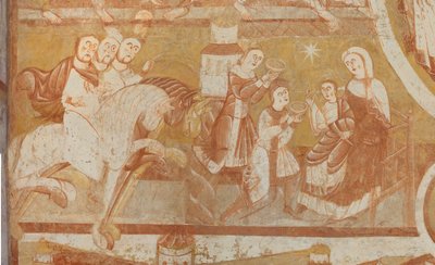 教堂（Église Saint-Martin）。 内部的。 壁画（壁画）。 中殿西墙。 细节。 法师的到来，法师的崇拜。 12世纪。 作者 不明