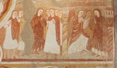 Church (Église Saint-Martin). Interior. Wall paintings (fresco). West wall of the nave. Detail. Accusation and annunciation of the Virgin. 12th century. 作者 不明