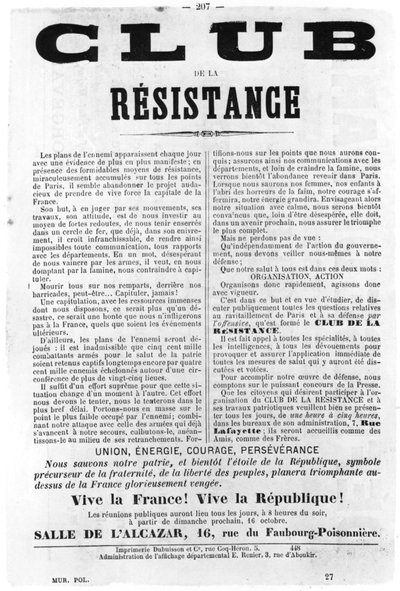 抵抗运动俱乐部，摘自1871年5月巴黎公社的法国政治海报 作者 不明
