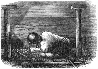 煤矿工人在狭窄的煤层上工作，c1864。 作者 不明
