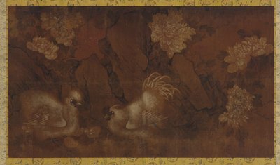 牡丹灌木旁的公鸡、母鸡和小鸡，清代，18世纪。 作者 不明