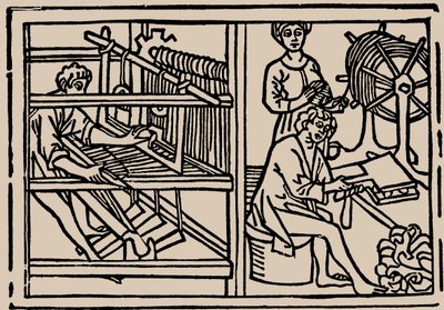 精梳，纺纱和机织羊毛。摘自Rodericus Zamorensis的人类窥镜，1479年。 作者 不明