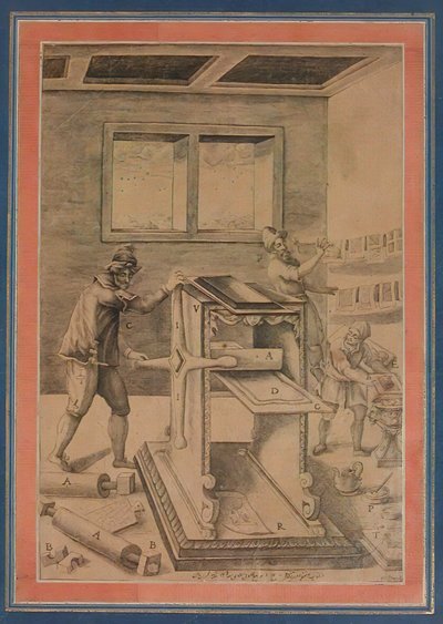 工作中的铜版印刷商，来自伊朗戴维斯相册的对开本，日期为回历1199年-公元1784-85年。 作者 不明