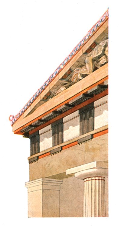 雅典娜古庙的山墙饰的角落在上城的在雅典，希腊，1928年。 作者 不明