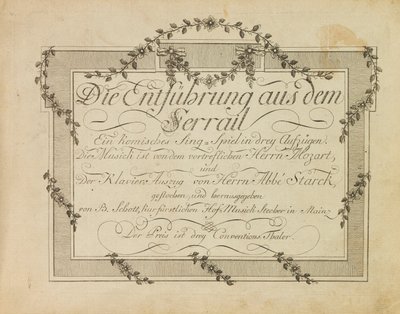 莫扎特的歌剧《塞拉格里奥的绑架》第一版的封面，1786年后。 作者 Unbekannt