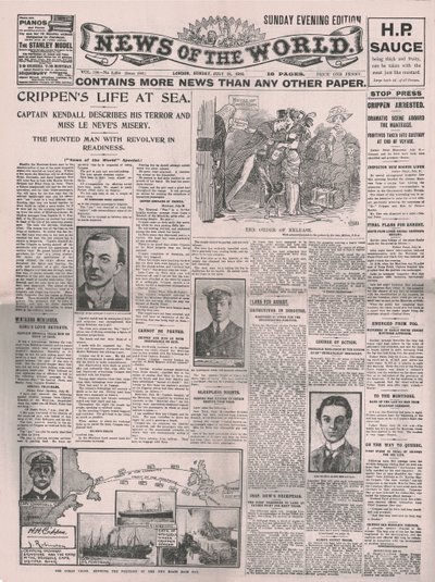 1910年7月31日，《世界新闻头版》上的《克里普本海上生活》。 作者 不明