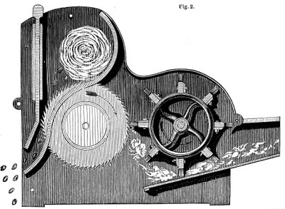 伊丽·惠特尼（Eli Whitneys）1765-1825锯齿轧花机的横截面，用于清洁棉花，1865年 作者 不明