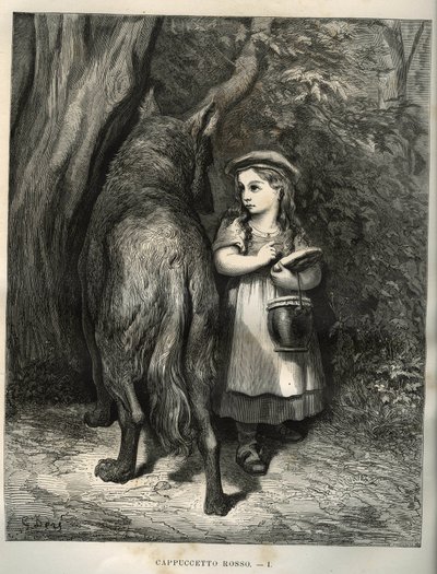穿过树林，小红帽遇到了狼。古斯塔夫-多尔（Gustave Dore，1832-1883）的版画，出自查尔斯-佩罗（Charles Perrault，1628-1703）的 "Les contes"。 作者 不明