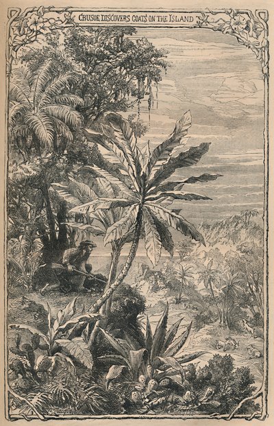 克鲁索（Crusoe）在岛上发现山羊，c1870年 作者 不明