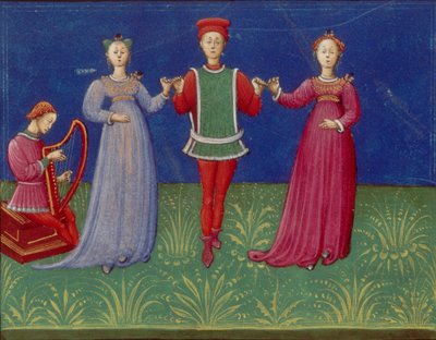 舞蹈课。来自：De pratica seu arte tripudii 论舞蹈的实践或艺术，1463年。 作者 不明