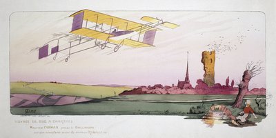 航空业的开端：莫里斯·法曼（1878-1964 年）在“Voyage de Bac a Chartres”比赛中驾驶装有雷诺发动机的双翼飞机，大约 1910 年 作者 不明