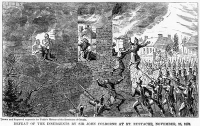1877年11月25日，约翰·柯尔伯恩爵士（John Colborne）在圣尤斯塔什（St Eustache）击败叛乱分子 作者 不明