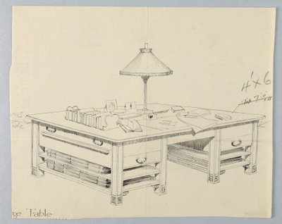 巨大的图书馆存储桌的设计，两侧有两个开放的担架，1900-05年 作者 不明