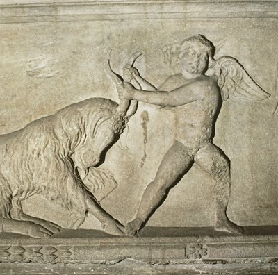 Detail from a Greek sarcophagus from Lydia, depicting a putto wrestling with a goat (marble) 作者 不明