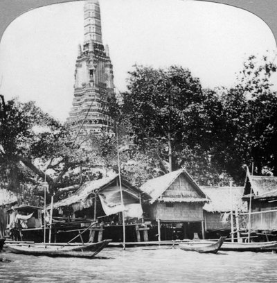 1900年代，泰国曼谷，湄南河上的单桅帆船和房屋 作者 不明