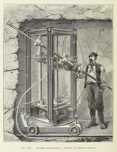 乔治-莱肖特设计的钻石钻孔机，出版。1883年版画，1883年。 作者 不明