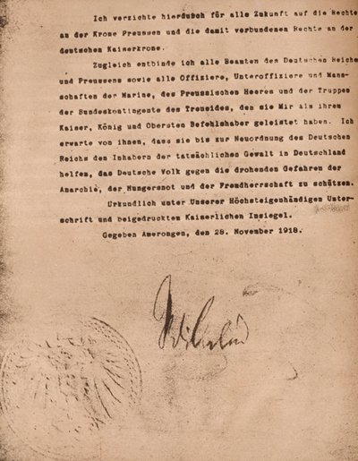 确认德国皇帝威廉二世退位的文件，1935年11月9日。 作者 不明