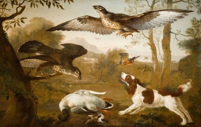 1700-1800年，狗守着一只死鸭子不被鸟类捕食。 作者 不明