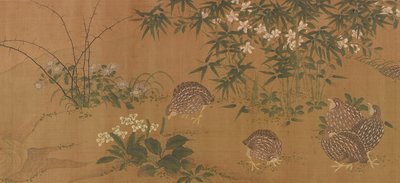 鸭子、花和鹌鹑，明代，1368-1644。 作者 不明