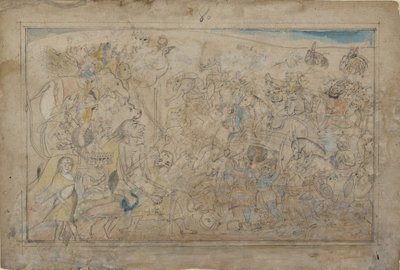 杜尔加、卡利和五位Matrikas与恶魔Shumbha的Daitya军队作战...，约1780年。 作者 不明
