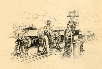 蒸汽动力的电动发电机，并生产磁电，1882年。 作者 不明