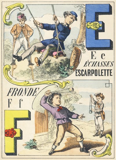 E F：高跷、悬崖、弹弓 - Games Alphabet，c.1890（插图） 作者 不明