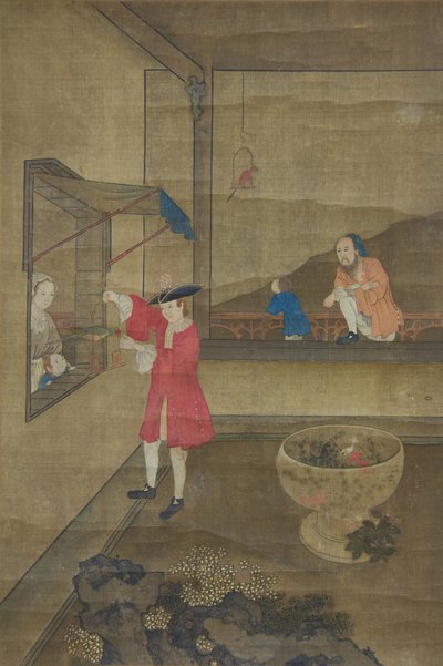 欧洲夫妇和小孩玩鹦鹉，18世纪。 作者 不明