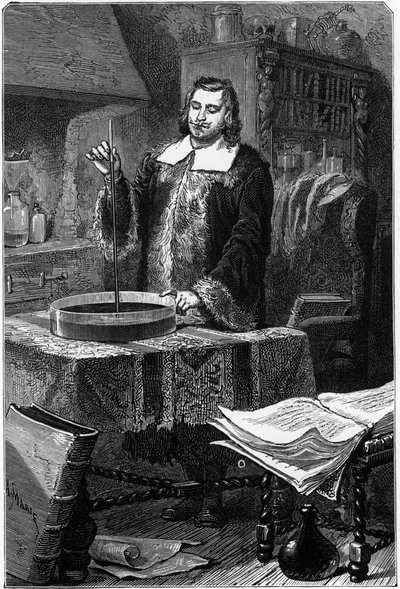 意大利物理学家Evangelista Torricelli发明了水银气压计，1643年，1873年 作者 不明