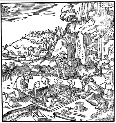 在天然温泉中蒸发几桶盐水以获得盐，1556年 作者 不明
