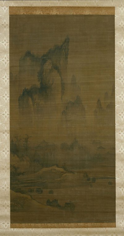 雾罩寺的晚钟，洞庭湖上的秋月右，约1450-1500年。 作者 不明