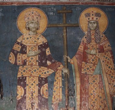 提升十字架。圣徒君士坦丁大帝和海伦娜（1321-1322） 作者 不明