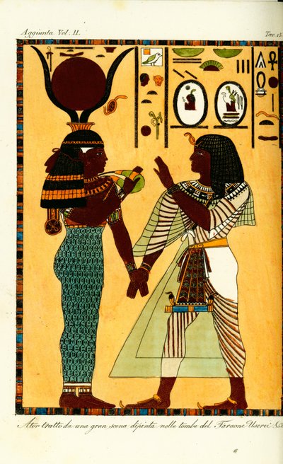 吉奥瓦尼·巴蒂斯塔·贝尔佐尼 (Giovanni Battista Belzoni) 在底比斯 (Thebes) 的墓中发现了埃及女神哈索尔 (Hathor) 和塞提一世 (Seti I) 国王的雕像 作者 不明