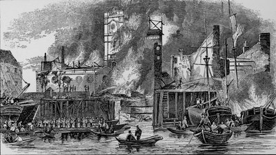 1843年，伦敦桥，浇头码头大火，c1843,1912年。 作者 不明