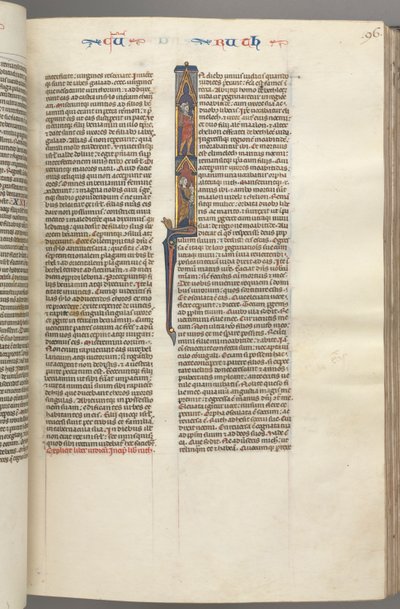 大声笑露丝（Ruth）的96r，与Elimilech和Naomi的《首字母I》历史记录，c。 1275-1300。 作者 不明
