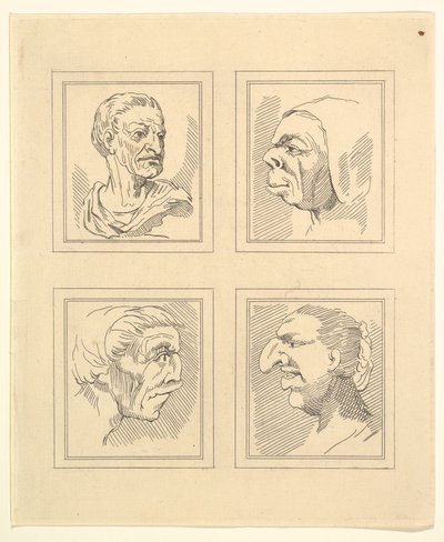 四个头像来自达芬奇的Characaturas，根据Wincelslaus Hollar的画作，O...，1786。 作者 不明
