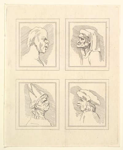 1786年，莱昂纳多·达·芬奇（Leonardo da Vinci）的《 Characaturas的四个头像》，温塞尔斯劳斯·霍拉尔（Wincelslaus Hollar）的《素描》，1786年。 作者 不明