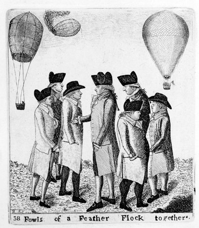 一群羽毛的鸟聚集在一起，一群宇航员，c1785 作者 不明