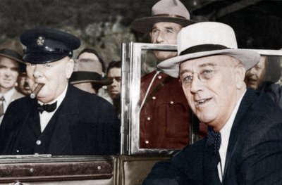 富兰克林·罗斯福和温斯顿·丘吉尔于1944年在加拿大魁北克举行会议 作者 不明