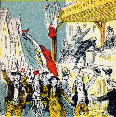法国大革命：革命者的自愿行为。法国历史》中的雕版画。代表路易特出版的系列广告图片，24 rue d