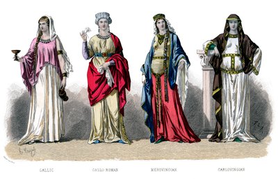 法国服装：高卢（Galic），罗马高卢（Gallo Roman），梅洛芬吉安（Merovingian），卡洛维安（Carlovingian），1882年 作者 不明